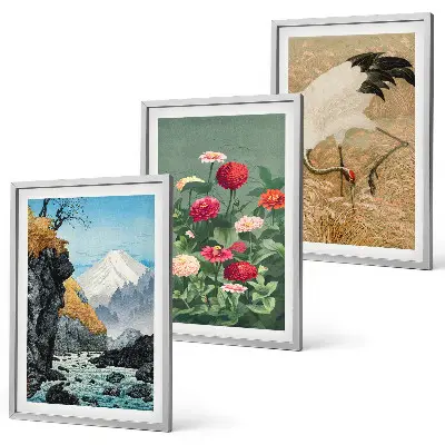 3er-Set Wandbilder mit Rahmen Berglandschaft mit Fluss, Blumen und Kranichen