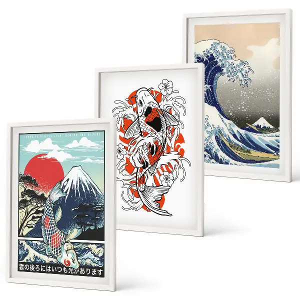 Berge von Fischen Große Welle Japan 3er-Set Wandbilder inklusive Rahmen