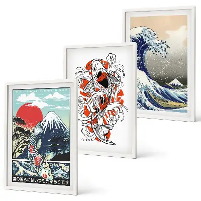 Berge von Fischen Große Welle Japan 3er-Set Wandbilder inklusive Rahmen