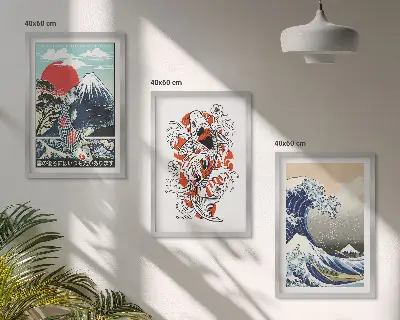 Berge von Fischen Große Welle Japan 3er-Set Wandbilder inklusive Rahmen