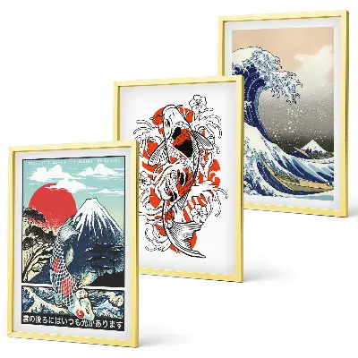 Berge von Fischen Große Welle Japan 3er-Set Wandbilder inklusive Rahmen