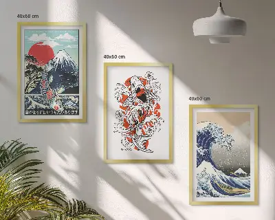 Berge von Fischen Große Welle Japan 3er-Set Wandbilder inklusive Rahmen