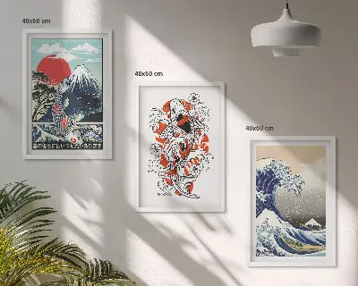 Berge von Fischen Große Welle Japan 3er-Set Wandbilder inklusive Rahmen