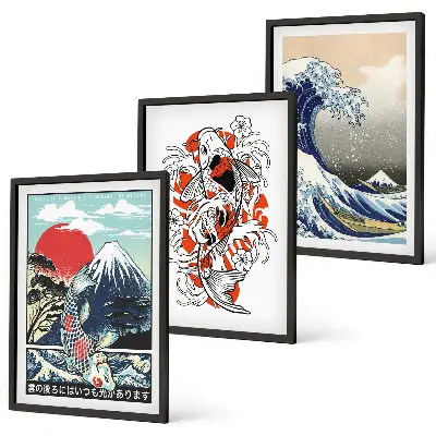 Berge von Fischen Große Welle Japan 3er-Set Wandbilder inklusive Rahmen
