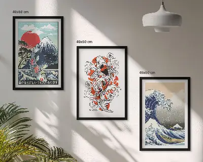 Berge von Fischen Große Welle Japan 3er-Set Wandbilder inklusive Rahmen