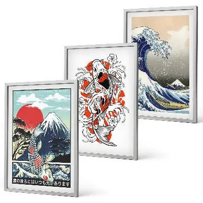 Berge von Fischen Große Welle Japan 3er-Set Wandbilder inklusive Rahmen