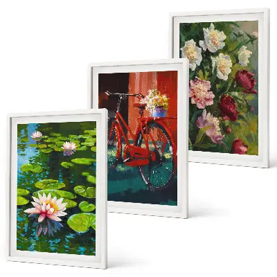 Gerahmtes Bilderset Lilien im Garten mit bunten Blumen