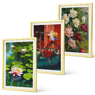Gerahmtes Bilderset Lilien im Garten mit bunten Blumen