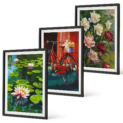 Gerahmtes Bilderset Lilien im Garten mit bunten Blumen