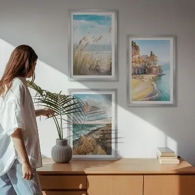 3er-Set Bilder mit Rahmen Landschaften mit Strand Klippen und Stadt