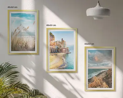 3er-Set Bilder mit Rahmen Landschaften mit Strand Klippen und Stadt