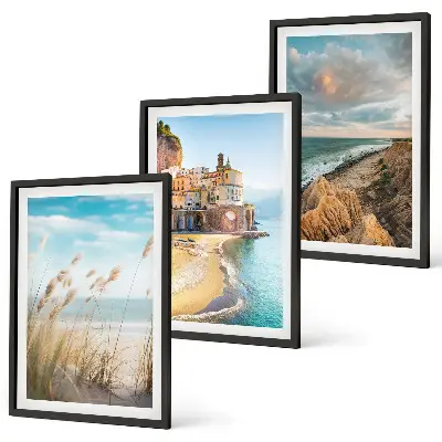 3er-Set Bilder mit Rahmen Landschaften mit Strand Klippen und Stadt