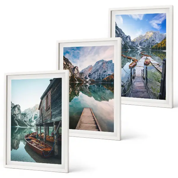See Berge Holzboote Bilder-3er-Set mit Rahmen