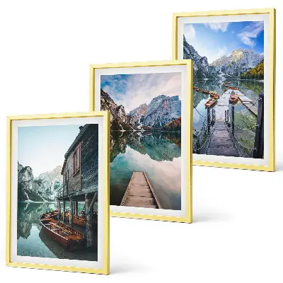 See Berge Holzboote Bilder-3er-Set mit Rahmen