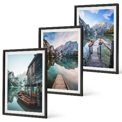 See Berge Holzboote Bilder-3er-Set mit Rahmen