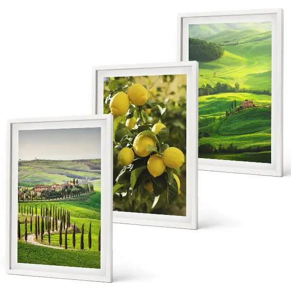 Bilder-3er-Set mit Rahmen mit Motiv Italienische Zitrusfrüchte und Hügel