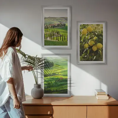 Bilder-3er-Set mit Rahmen mit Motiv Italienische Zitrusfrüchte und Hügel