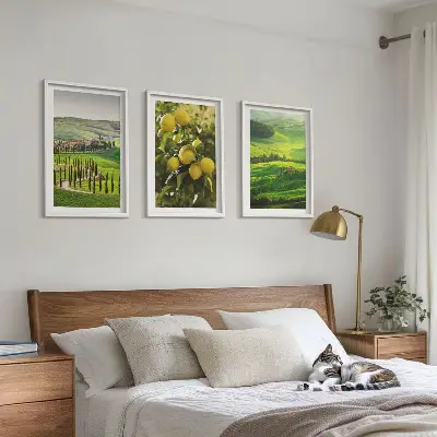 Bilder-3er-Set mit Rahmen mit Motiv Italienische Zitrusfrüchte und Hügel