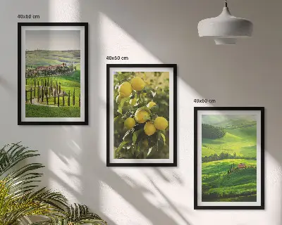 Bilder-3er-Set mit Rahmen mit Motiv Italienische Zitrusfrüchte und Hügel