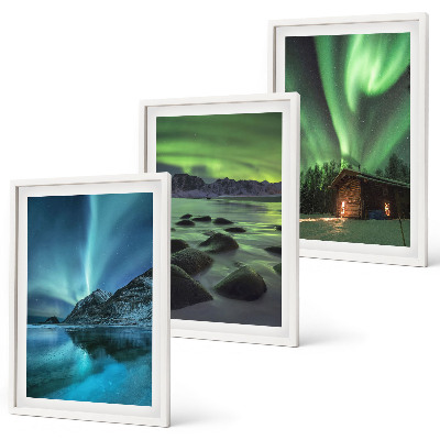 Gerahmtes bilderset Winterlandschaften, Nordlichter, Berge