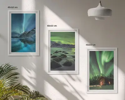 Gerahmtes Bilderset mit Winterlandschaften, Nordlichtern und Bergen