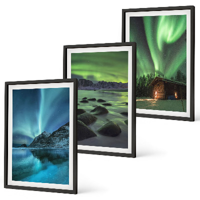 Gerahmtes bilderset Winterlandschaften, Nordlichter, Berge
