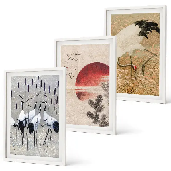 Japanische Kraniche Landschaft 3er-Set Bilder mit Rahmen