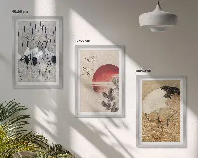 Japanische Kraniche Landschaft 3er-Set Bilder mit Rahmen