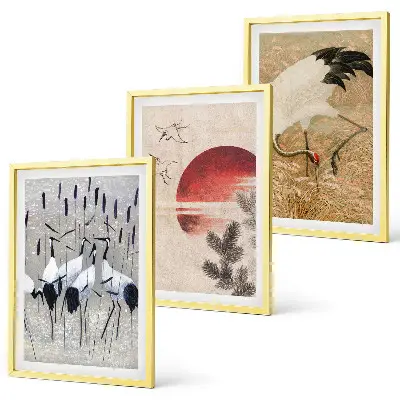 Japanische Kraniche Landschaft 3er-Set Bilder mit Rahmen