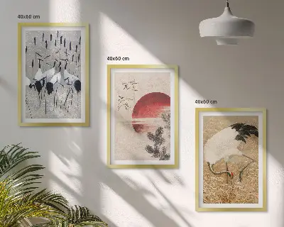 Japanische Kraniche Landschaft 3er-Set Bilder mit Rahmen