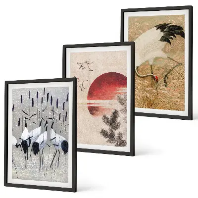 Japanische Kraniche Landschaft 3er-Set Bilder mit Rahmen