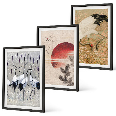 Bilder-3er-set mit rahmen Japanische Kraniche Landschaft