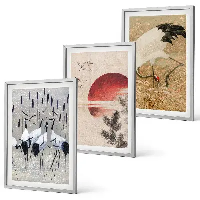 Japanische Kraniche Landschaft 3er-Set Bilder mit Rahmen