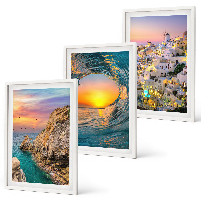 Bilder-3er-set mit rahmen Meereswellen, weiße Häuser, Santorini