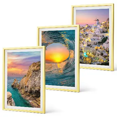 Bilder-3er-Set mit Rahmen Meereswellen und weiße Häuser auf Santorini