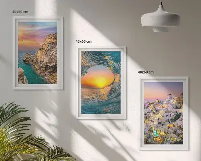 Bilder-3er-Set mit Rahmen Meereswellen und weiße Häuser auf Santorini