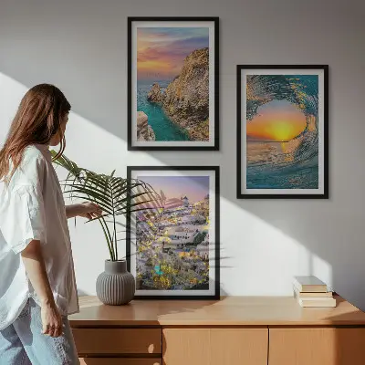 Bilder-3er-Set mit Rahmen Meereswellen und weiße Häuser auf Santorini