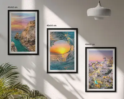 Bilder-3er-Set mit Rahmen Meereswellen und weiße Häuser auf Santorini