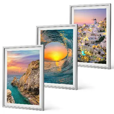Bilder-3er-Set mit Rahmen Meereswellen und weiße Häuser auf Santorini