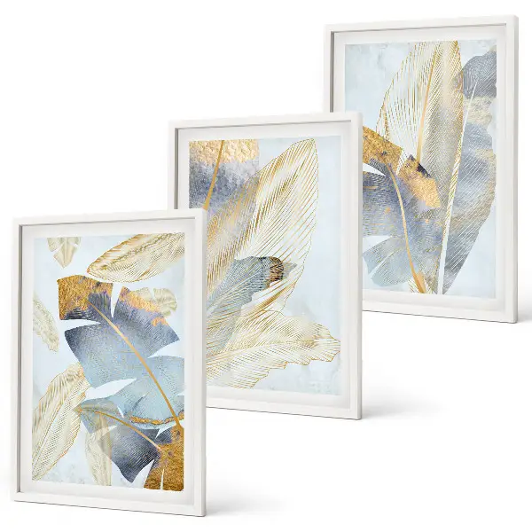 Wandbilder-Set mit Rahmen hellblau-beige Blätter im 3er-Set
