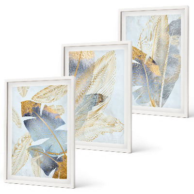 Bilder-3er-set mit rahmen Hellblau-beige Blätter