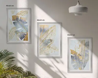 Wandbilder-Set mit Rahmen hellblau-beige Blätter im 3er-Set