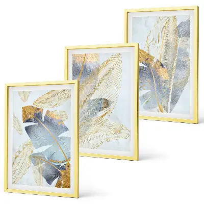 Wandbilder-Set mit Rahmen hellblau-beige Blätter im 3er-Set