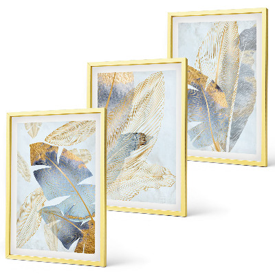 Bilder-3er-set mit rahmen Hellblau-beige Blätter
