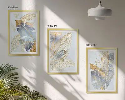 Wandbilder-Set mit Rahmen hellblau-beige Blätter im 3er-Set