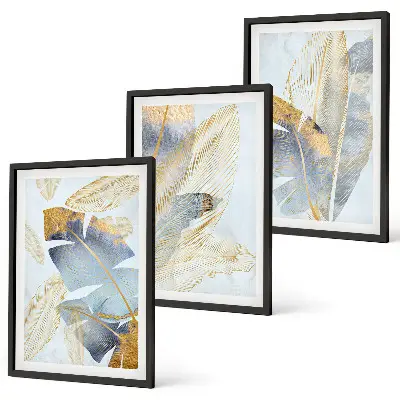 Wandbilder-Set mit Rahmen hellblau-beige Blätter im 3er-Set