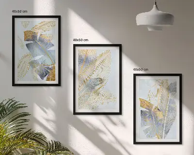 Wandbilder-Set mit Rahmen hellblau-beige Blätter im 3er-Set