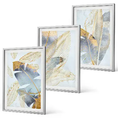 Wandbilder-Set mit Rahmen hellblau-beige Blätter im 3er-Set