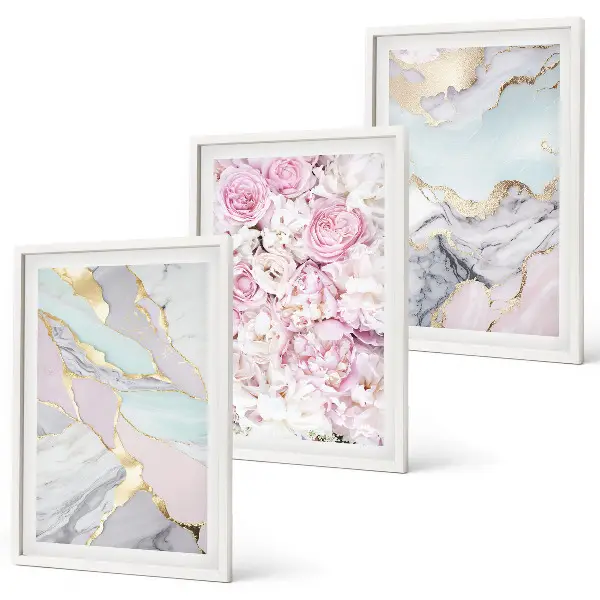 3er-Set Bilder mit Rahmen mit Motiv Rosa Blumen Marmor Pastell