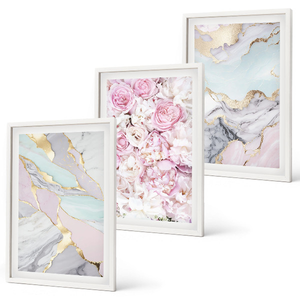 Bilder-3er-set mit rahmen Rosa Blumen Marmor Pastell